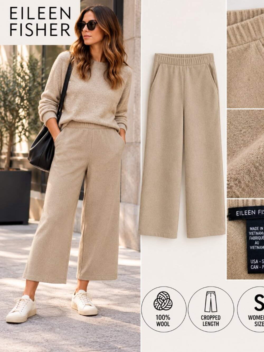 Eileen Fisher Women's S 100% Wool Wide Leg Ankle Pull On Pants Elastic Waist